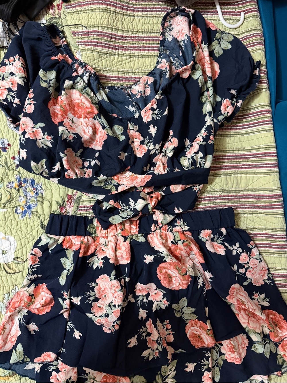 SHEIN Navy Floral woman’s Two-Piece Dress Set with Pink Rose Print